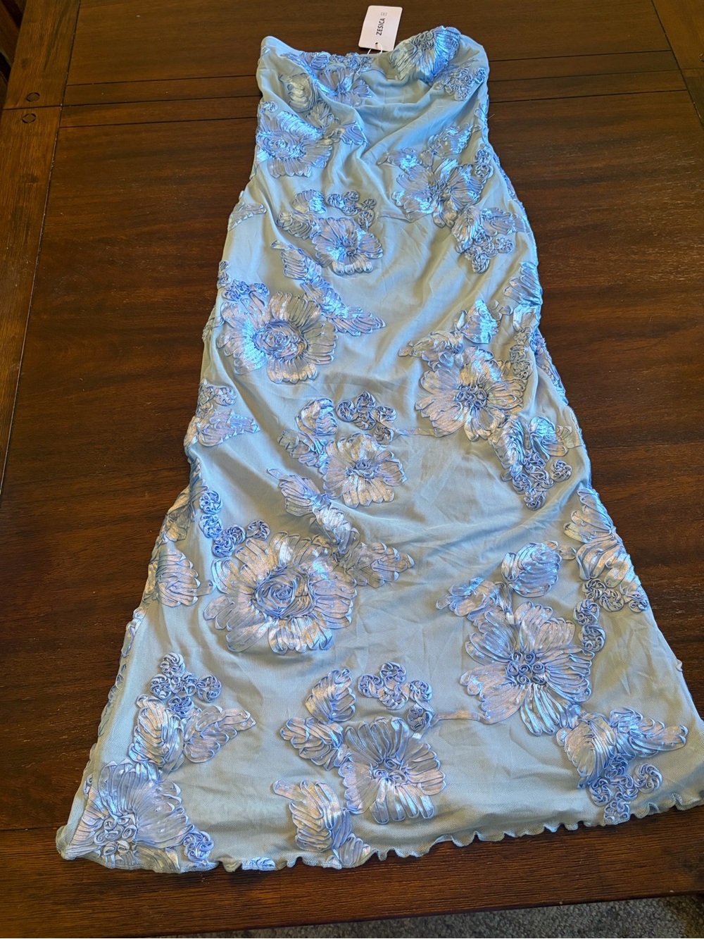 ZESICA Blue 3D Floral Applique Strapless Maxi Dress Size Small NWT